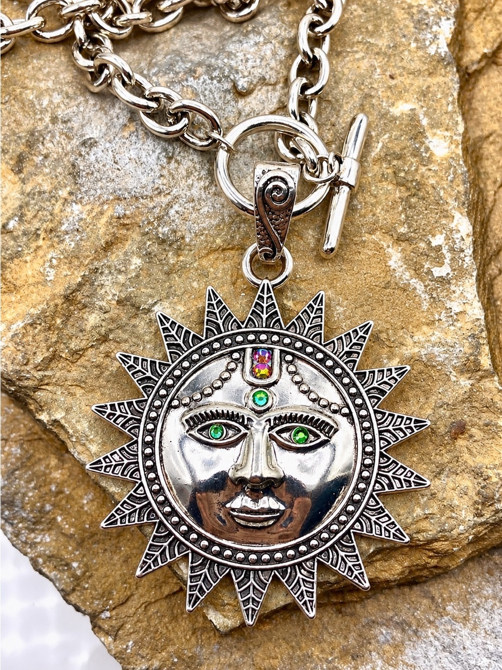 Boho Sun Pendant Necklace in Silver with Green Accents